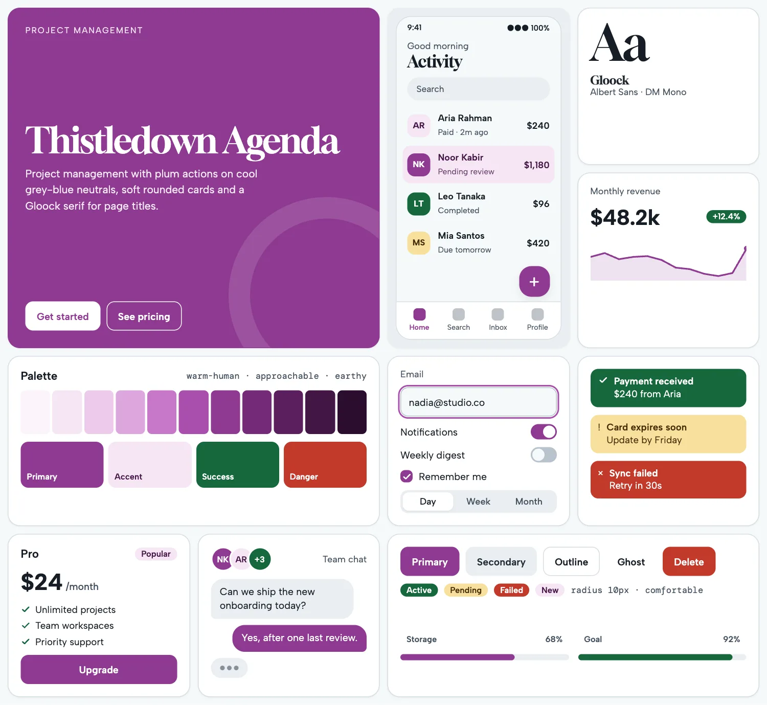 Thistledown Agenda across ten UI tiles: hero, phone screen, type, chart, palette, form, alerts, pricing, chat and buttons