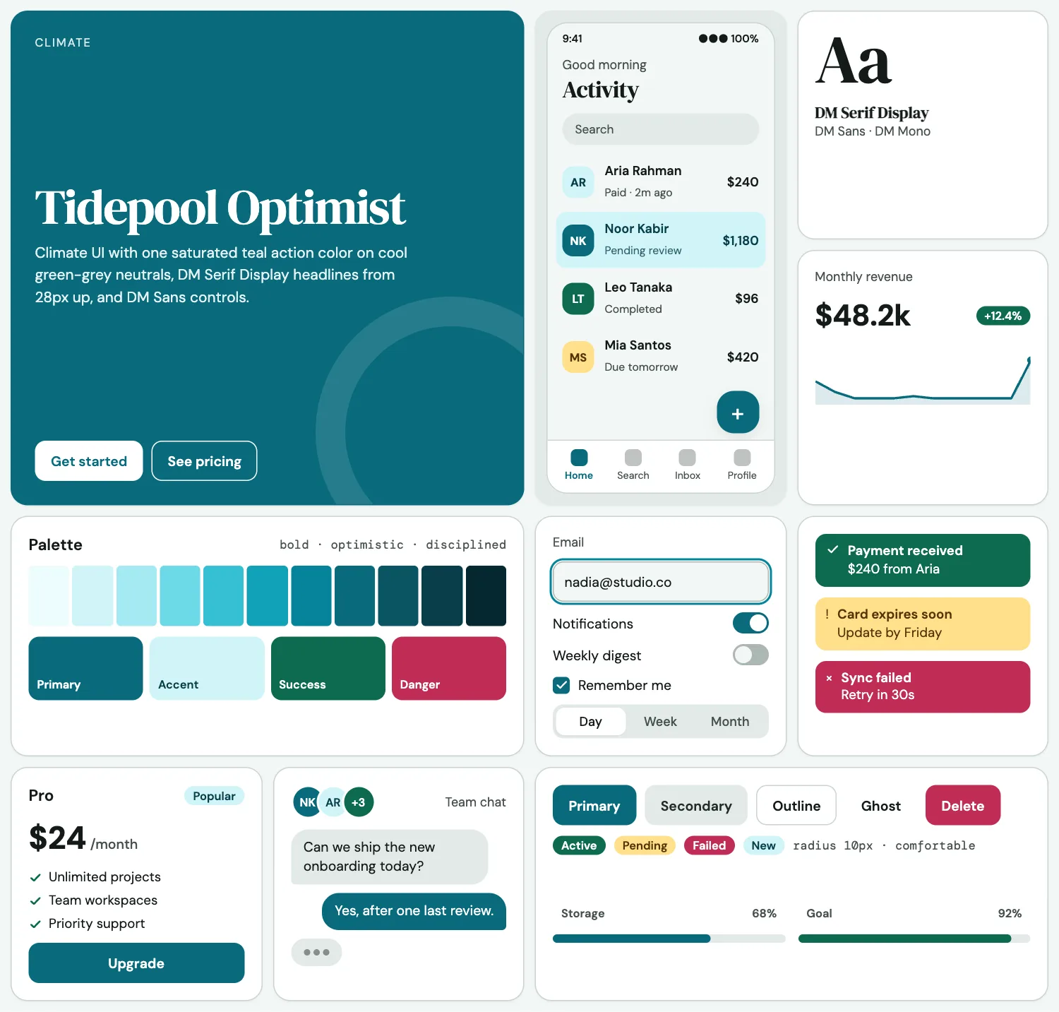 Tidepool Optimist across ten UI tiles: hero, phone screen, type, chart, palette, form, alerts, pricing, chat and buttons