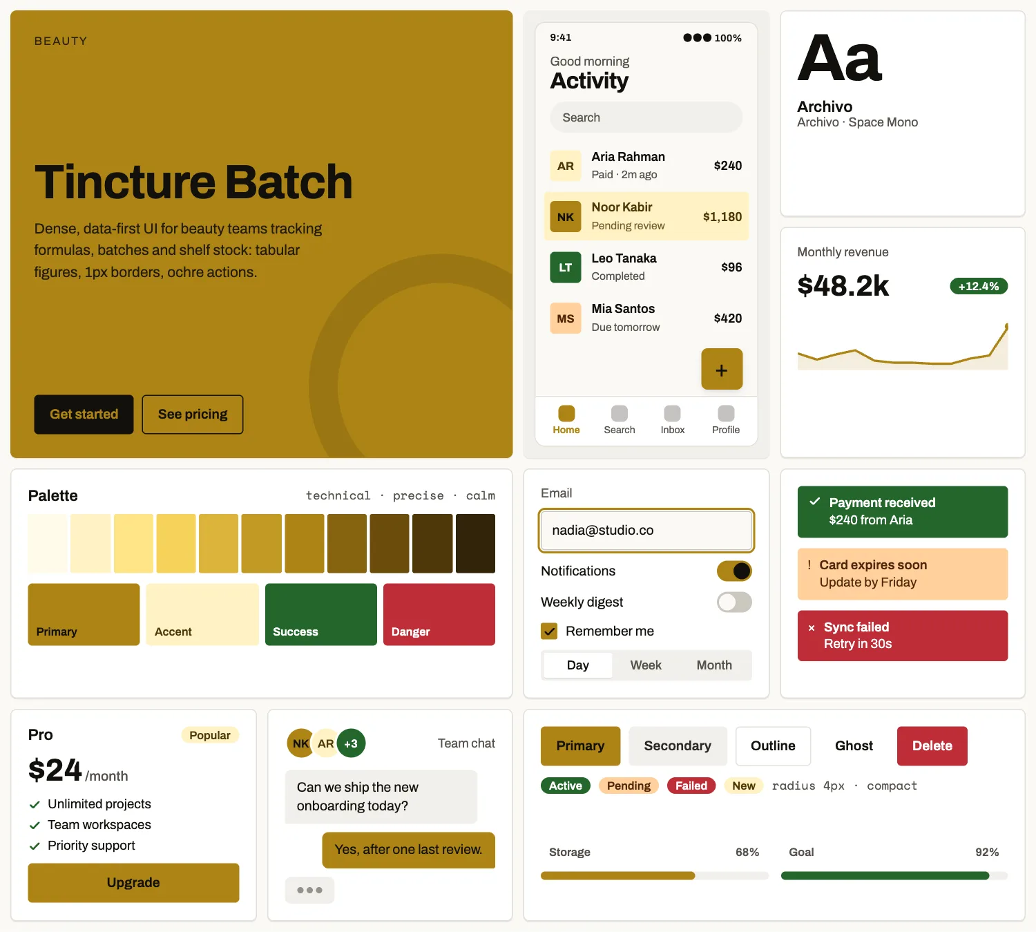 Tincture Batch across ten UI tiles: hero, phone screen, type, chart, palette, form, alerts, pricing, chat and buttons