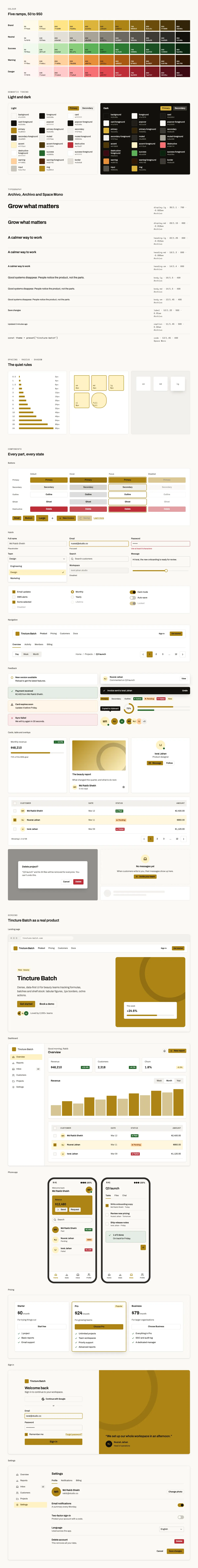 Tincture Batch full preview: colour ramps, light and dark tokens, type scale, components in every state and six product screens