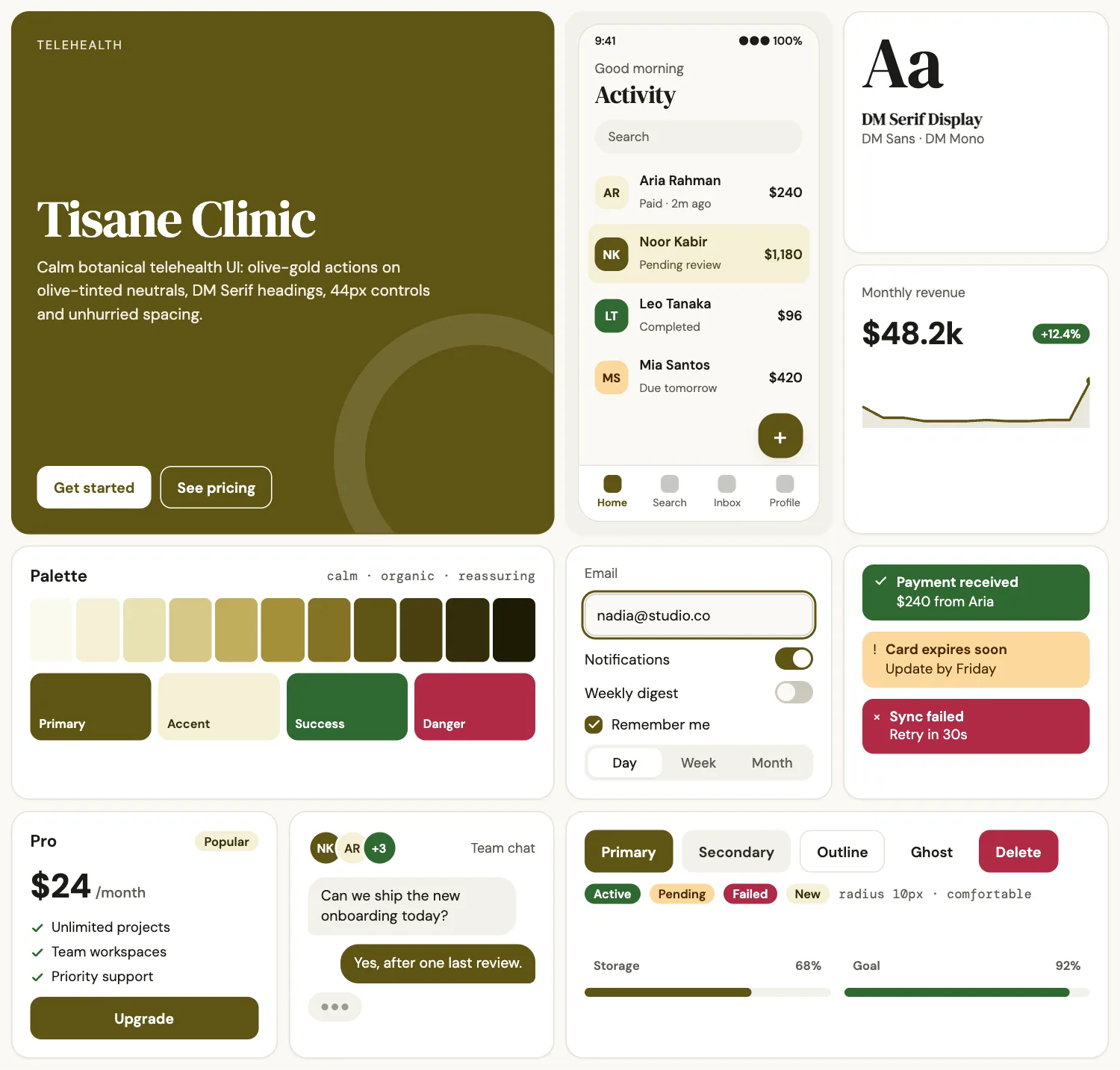 Tisane Clinic across ten UI tiles: hero, phone screen, type, chart, palette, form, alerts, pricing, chat and buttons