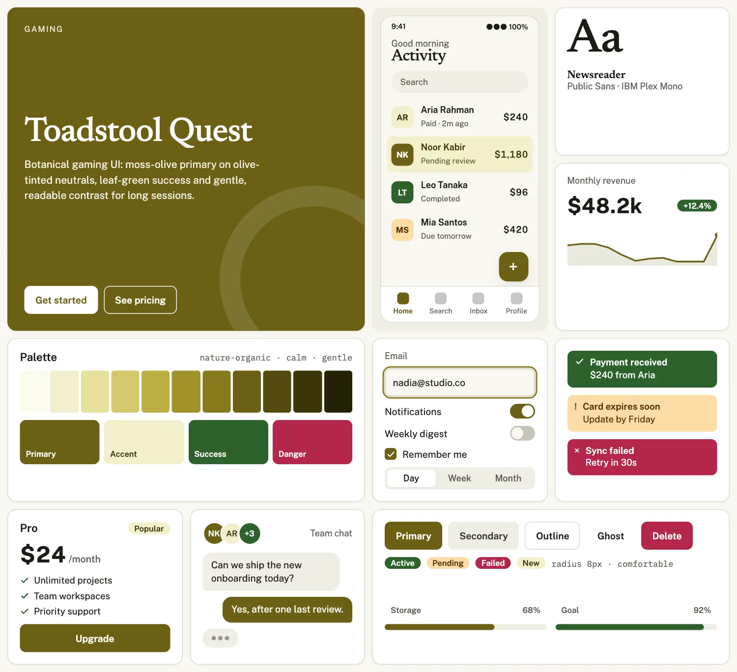 Toadstool Quest across ten UI tiles: hero, phone screen, type, chart, palette, form, alerts, pricing, chat and buttons