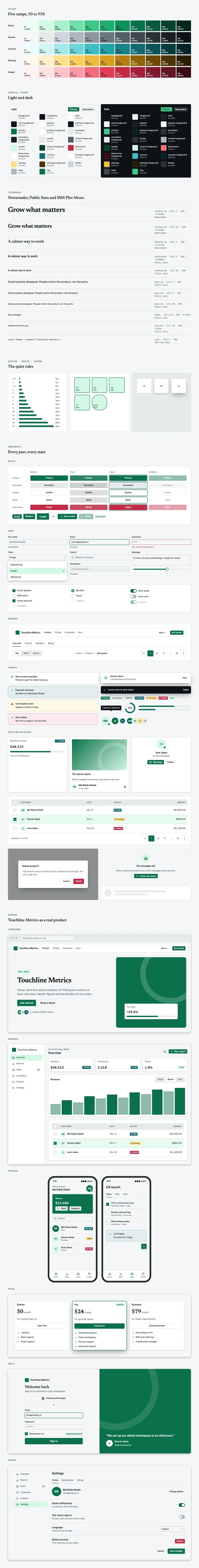 Touchline Metrics full preview: colour ramps, light and dark tokens, type scale, components in every state and six product screens
