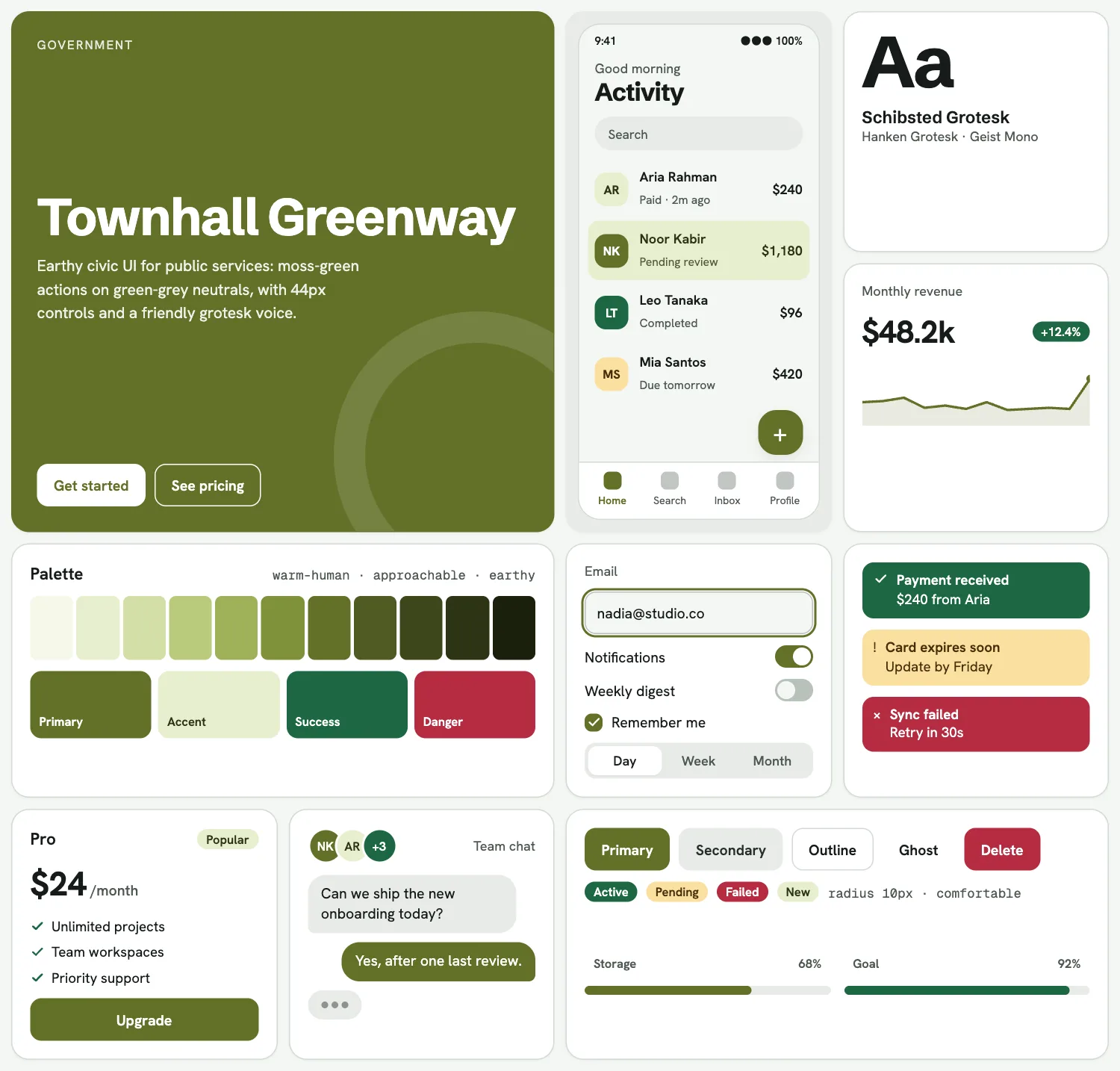 Townhall Greenway across ten UI tiles: hero, phone screen, type, chart, palette, form, alerts, pricing, chat and buttons