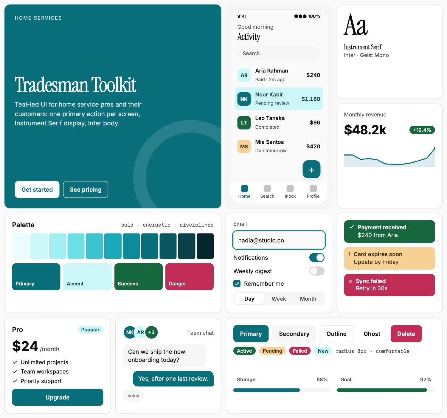 Tradesman Toolkit across ten UI tiles: hero, phone screen, type, chart, palette, form, alerts, pricing, chat and buttons