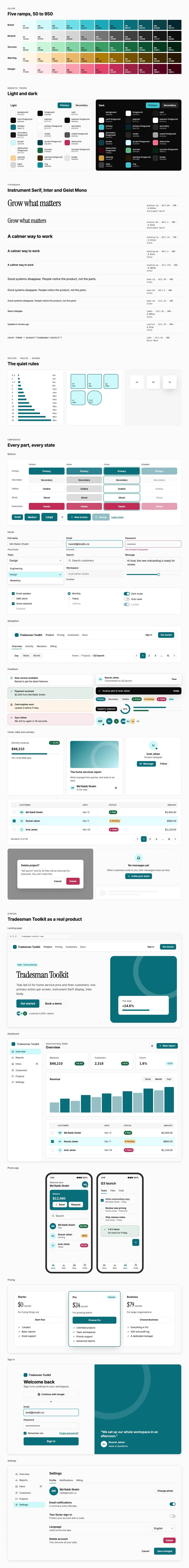 Tradesman Toolkit full preview: colour ramps, light and dark tokens, type scale, components in every state and six product screens