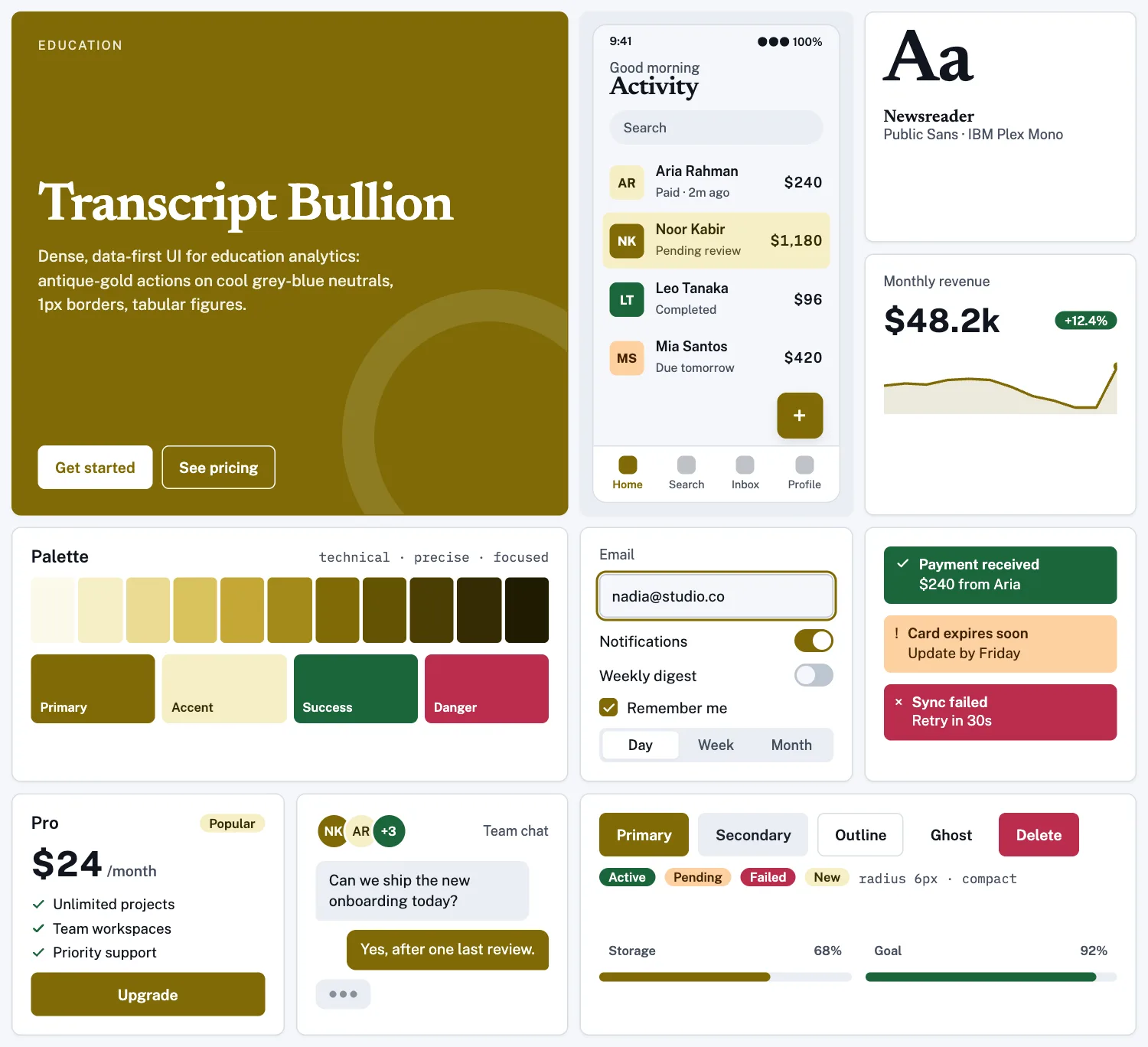 Transcript Bullion across ten UI tiles: hero, phone screen, type, chart, palette, form, alerts, pricing, chat and buttons