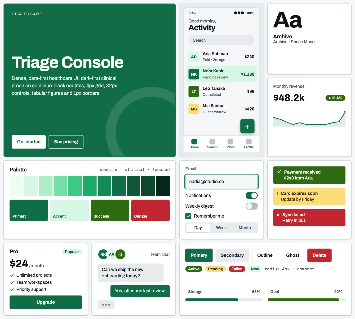 Triage Console across ten UI tiles: hero, phone screen, type, chart, palette, form, alerts, pricing, chat and buttons