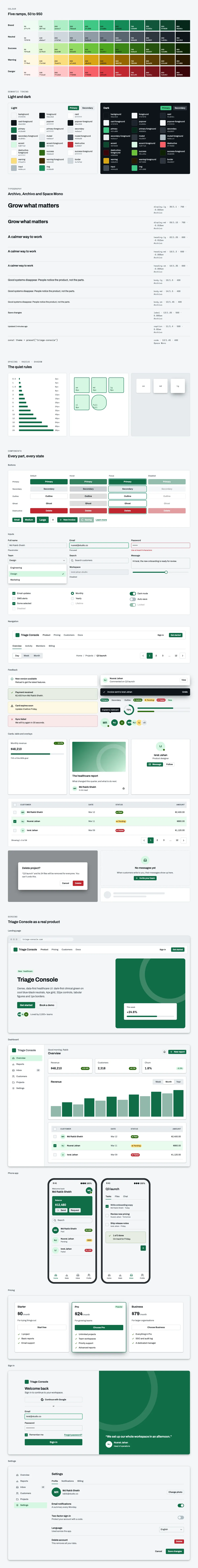 Triage Console full preview: colour ramps, light and dark tokens, type scale, components in every state and six product screens