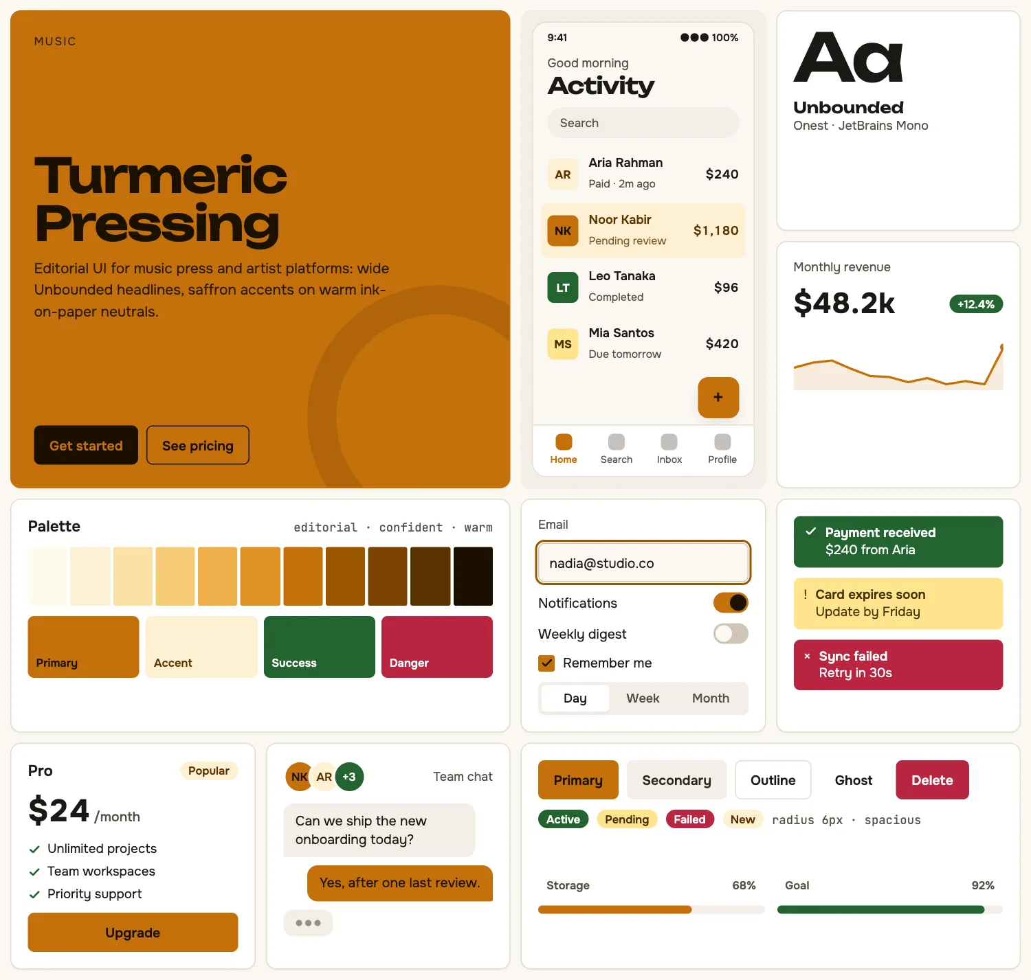 Turmeric Pressing across ten UI tiles: hero, phone screen, type, chart, palette, form, alerts, pricing, chat and buttons