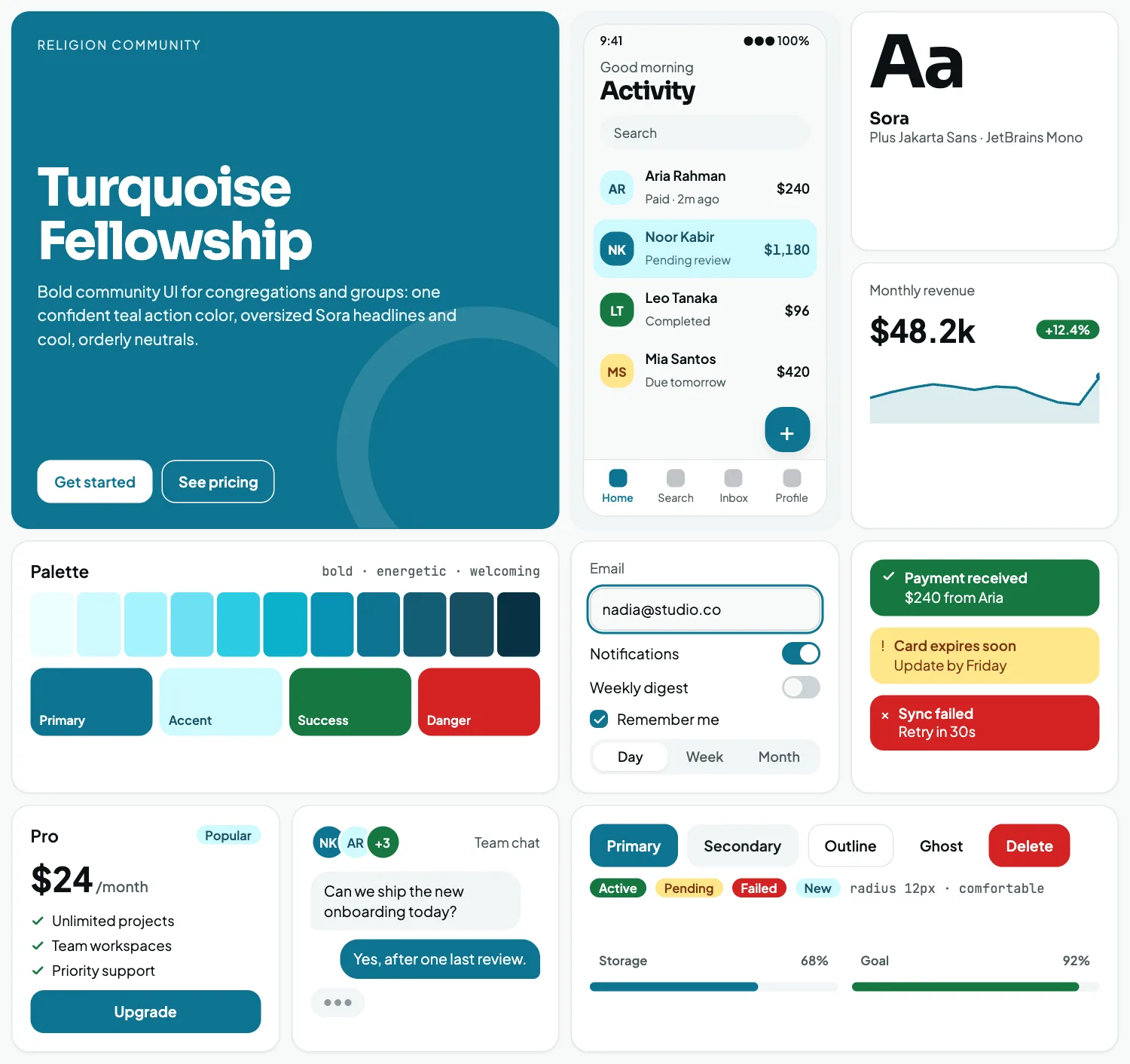 Turquoise Fellowship across ten UI tiles: hero, phone screen, type, chart, palette, form, alerts, pricing, chat and buttons