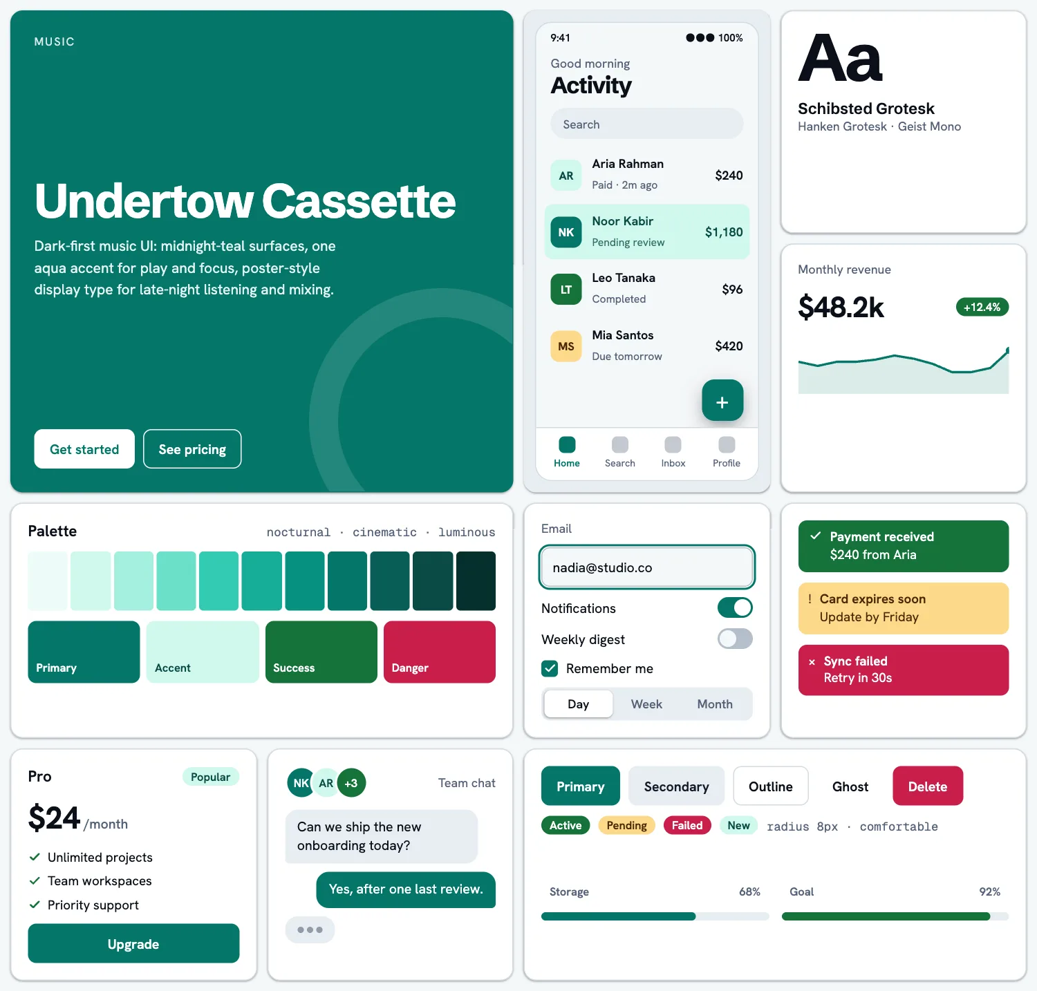 Undertow Cassette across ten UI tiles: hero, phone screen, type, chart, palette, form, alerts, pricing, chat and buttons