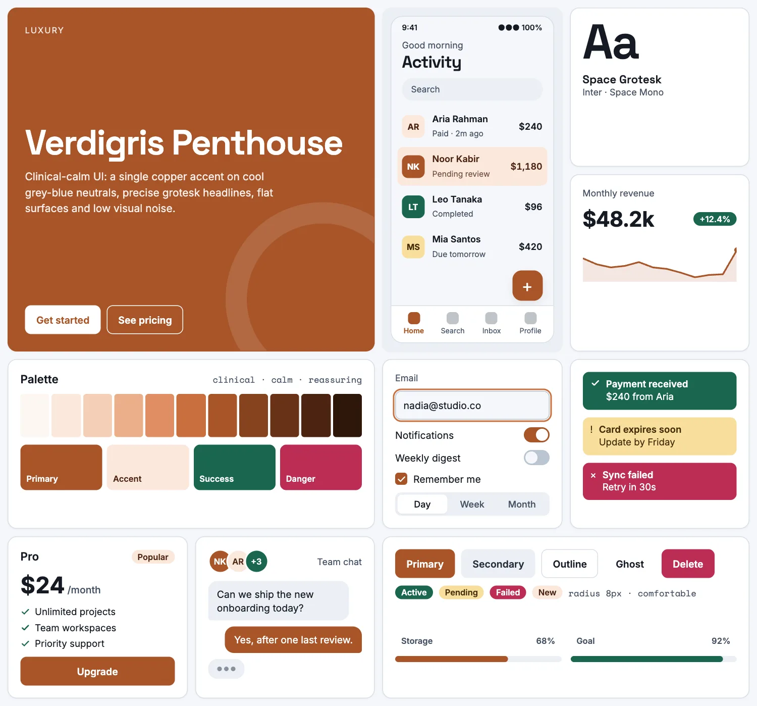 Verdigris Penthouse across ten UI tiles: hero, phone screen, type, chart, palette, form, alerts, pricing, chat and buttons