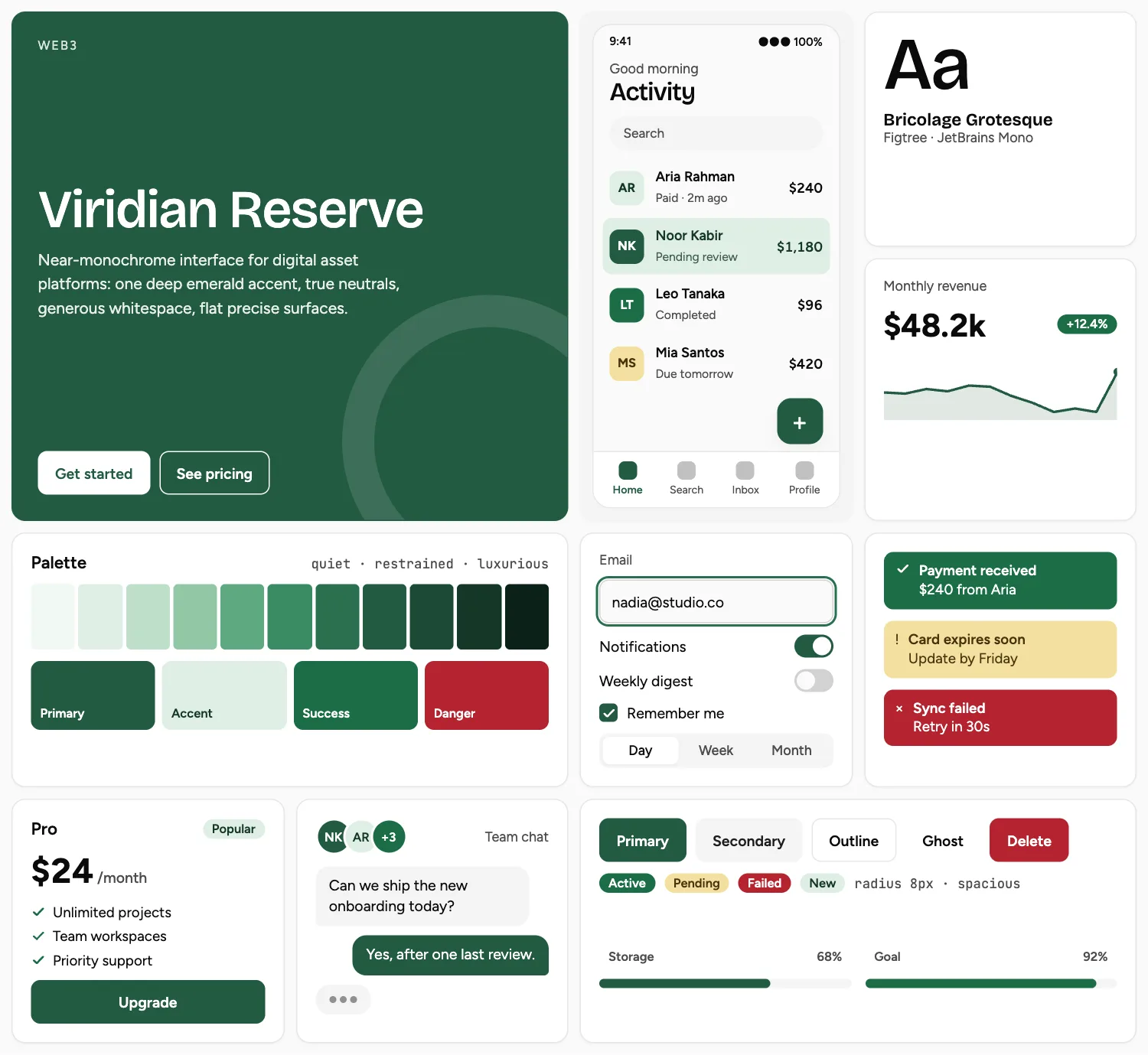 Viridian Reserve across ten UI tiles: hero, phone screen, type, chart, palette, form, alerts, pricing, chat and buttons