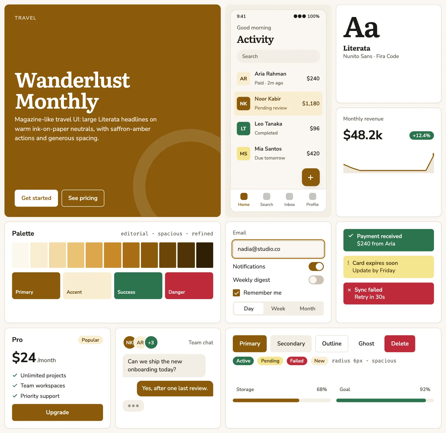 Wanderlust Monthly across ten UI tiles: hero, phone screen, type, chart, palette, form, alerts, pricing, chat and buttons