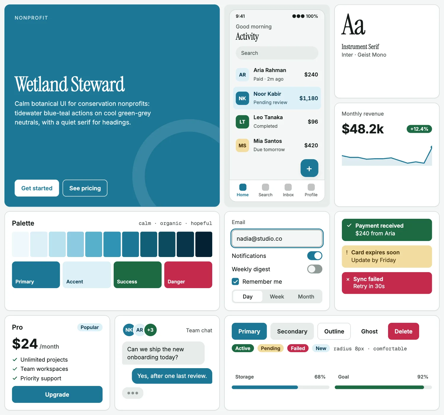 Wetland Steward across ten UI tiles: hero, phone screen, type, chart, palette, form, alerts, pricing, chat and buttons